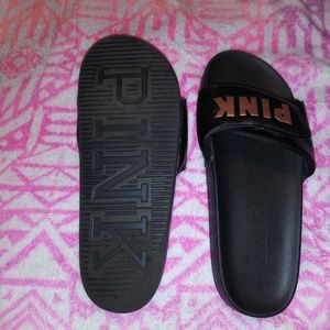 PINK Victoria's Secret Shoes - Victoria Secret (Black&Gold) slides PINK Victoria's Secret Shoes - Victoria Secret (Black&Gold) slides